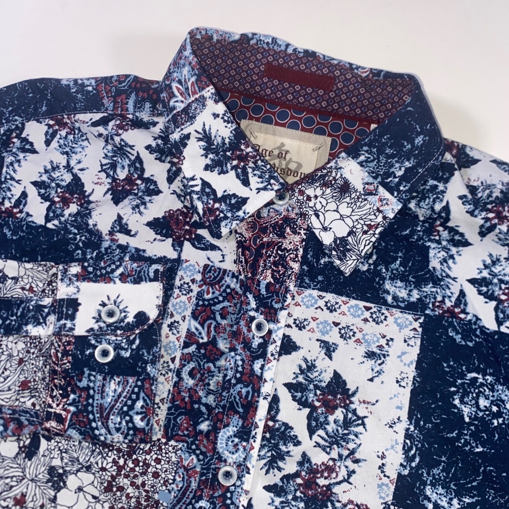 Age of Wisdom Mens Patchwork Paisley Floral Button Down Shirt Navy Blue Large